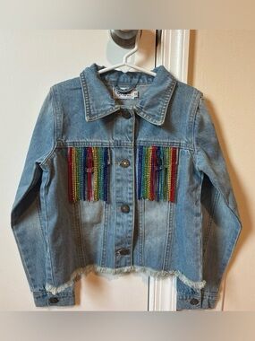 Lola + The Boys crystal rainbow tassel denim jacket, NWT size 12